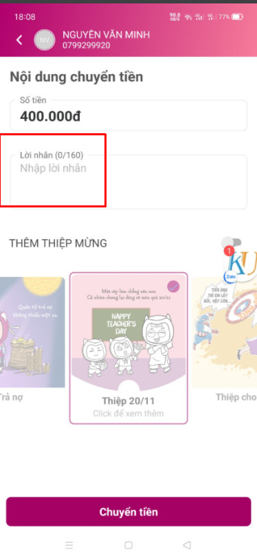 Nạp tiền KU CASINO - Hướng dẫn chi tiết các hình thức 19 Khi chuyển tiền, các bạn nhớ điền tên tài khoản KUBET vào ô " Lời nhắn "